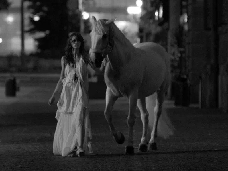 Scena notturna in bianco e nero: una donna in abito bianco cammina accanto a un cavallo bianco